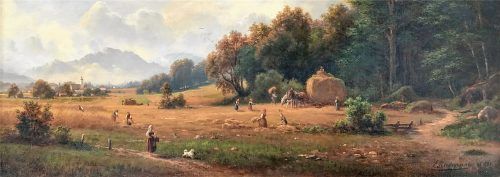 „Ernte in Niederaudorf“ (1881) von Emmerich Reichmann. Öl auf Leinwand, 36 x 72 Zentimeter, aus einer süddeutschen Privatsammlung. re