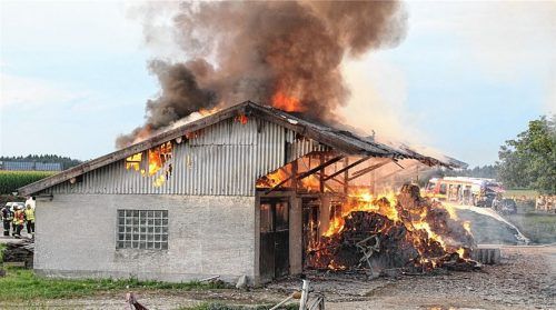 Lichterloh brannte ein landwirtschaftliches Nebengebäude in Anzenberg bei Edling. Die Flammen griffen auch auf zwei Anbauten über. Das Wohnhaus der Familie konnten die 170 Feuerwehrleute retten.Fotos Barth/Klemm