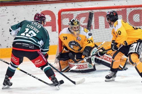 Chance für die Starbulls gegen Sterzing durch Dimitri Litesov, der am 1:0 beteiligt war. Fotos Ziegler