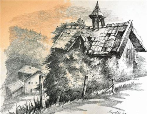 Die alte Hütte mit Feuerglocke im Siegsdorfer Ortsteil Höpfing, gemalt von Walter Angerer der Jüngere...
