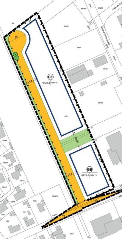 Dieser Entwurf ist wohl Geschichte. Die Stadt will mit Rücksicht auf Anwohner-Proteste auf die ursprünglich geplante Stichstraße verzichten. So will es der Stadtentwicklungsausschuss. Die gelb markierte Fläche bleibt also Wald.Foto  Stadt