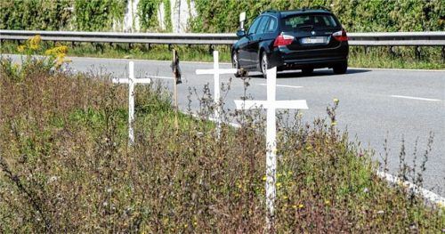 Drei weiße Holzkreuze hat ein Unbekannter an der Miesbacher Straße in Rosenheim aufgestellt. Fotos Reisner