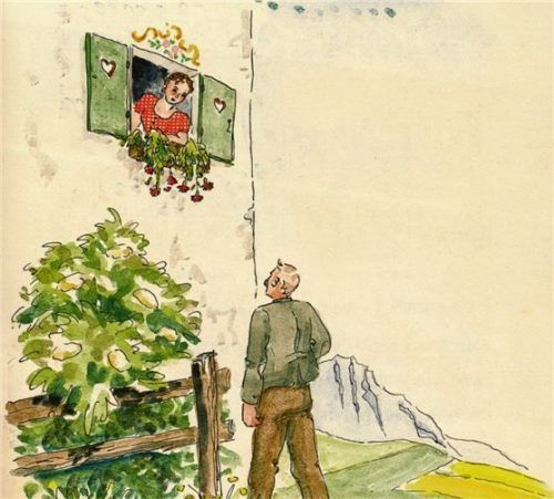 Ein Aquarell, gezeichnet von Marianne von Kaufmann, aus ihrem Liederbuch „Unsre Liedln“ von 1941. Foto Schusser