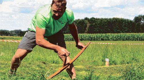Es zählen der präzise Schnitt, Kondition und Erfahrung: Hans Astner aus Saxenkam hat sich das beim Mähen auf den heimischen Streuobstwiesen angeeignet. Sein Fleiß wurde mit dem Titel deutscher Meister im Handmähen belohnt. Foto Privat