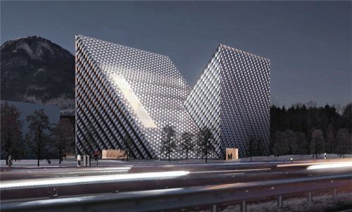 Gerade bei Nacht wird die neue „Dynafit“-Zentrale in Kiefersfelden weithin zu sehen sein.Fotos oberalp group