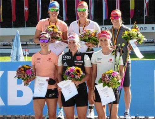 Sie durften sich über ihre starken Leistungen bei der DM freuen (hintere Reihe von links): Vanessa Hinz (2.), Denise Herrmann (1.), Franziska Hildebrand (3.) sowie (vorne von links) Maren Hammerschmidt (4.), Nadine Horchler (5.) und Karolin Horchler (6.). Foto Hohler