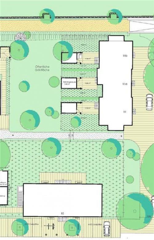 So schaut der Plan aus: Rechts der Karl-Daniels-Platz, links davon die Häuser mit den Nummern 11 bis 11b sowie unten Nummer 10. Fotos / Entwurf Fellgiebel Architekten/weinzierl