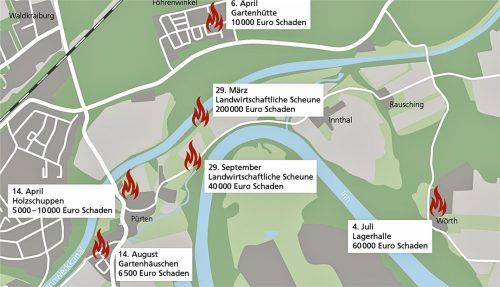 Eine Brandserie in und um Pürten sorgte zwischen März und September 2019 für Unruhe. Ob der Brand am Freitagabend in Rausching (rechts oben) in Zusammenhang mit dieser Serie steht? Viele Bürger im Inntal halten das für sehr wahrscheinlich. Doch die Brandermittler sind erst am Anfang ihrer Arbeit. Die Ursache sei völlig unklar, betont die Polizei. Archiv/Klinger