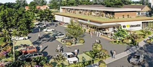 Der Bebauungsplan mit dem Markt in Ost-West-Richtung. An den Parkplatz schließt sich im Süden hinter einem Gehweg die Ausgleichsfläche mit den heimischen Blumen an.ICC