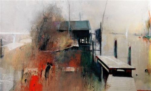 Die „Schafwaschener Bucht am Chiemsee“ (Ausschnitt),  Öl auf Leinwand. Foto Teine