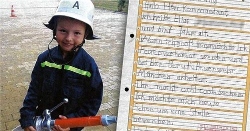 „Ihr macht echt coole Sachen“, schreibt der siebenjährige Elias aus Schwaben in seiner handschriftlichen Bewerbung für eine Stelle als Feuerwehrmann bei der Berufsfeuerwehr München. Weil es mit der Stelle bei der Berufsfeuerwehr aber noch nicht gleich klappt,...Foto . Ambu/Berufsfeuerwehr MÜnchen