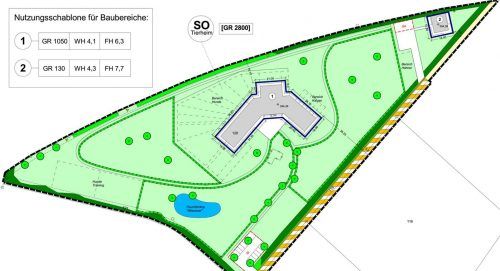 Das Bauleitplanverfahren ist eingestellt. Doch das Vorhaben des Tierschutzvereins, auf einer landwirtschaftlichen Fläche zwischen Pürten und Rausching ein neues Tierheim zu errichten, unterstützt die Stadt unverändert. Möglichst naturnah und grün soll die Tierheim-Anlage gestaltet werden, bestehende Hecken erhalten, artenreiche Wiesen und ein Biotop neu geschaffen werden. Versiegelt wird auf dem 2,5 Hektar großen Areal (grün) nur das Hauptgebäude (graue Fläche Mitte) und die Betriebsleiterwohnung (rechts oben), alle Tiergehege und Nebenanlagen sind wasserdurchlässig. So sieht es der Entwurfsplan vor.  U-Plan/Stadt