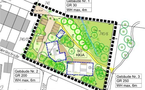 Rund 3300 Quadratmeter groß ist diese Fläche an der Hölderlinstraße – der nördliche Teil, oberhalb des gelben Weges, bleibt Biotop. Unterhalb soll der naturnahe Kindergarten entstehen.Foto  re