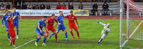 Das goldene Tor für die Sechziger: Torschütze Moritz Moser jubelt bereits, als der Ball gerade die Linie überschreitet.Foto Habermann