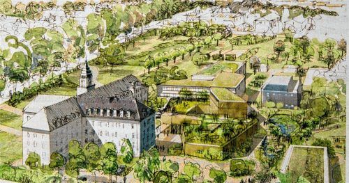 Die Entwurfszeichnung zeigt das neugestaltete Areal des Campus St. Michael auf der Wartberghöhe in Traunstein aus der Vogelperspektive. Die Erzdiözese realisiert dort ein Bildungszentrum für nachhaltige Zukunftsgestaltung samt Kindergarten.Foto Effner