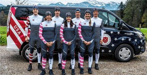 Die US-Biathlon Teams, Damen von links: Susan Dunklee, Joanne Reid, Emily Dreissigacker; Herren von links: Leif Nordgren, Travis Cooper, Sean Doherty, Alex Howe. Foto Maloja