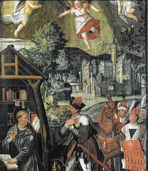 Eine Holztafel aus dem 16. Jahrhundert: Sie zeigt eine Szene aus dem Leben des Einsiedlers und späteren Abtes von Noblac.Foto  re