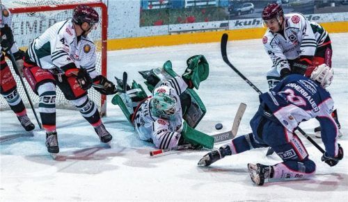 Heiße Szene vor dem Rosenheimer Tor: Lukas Steinhauer parierte einen Schuss von Hammerbauer, der später den entscheidenden dritten Treffer für Lindau erzielte. Fotos  Flemming