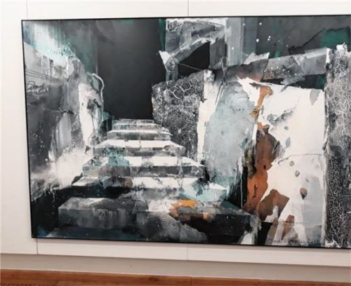 Mischtechnik auf Leinwand: Thomas Kleemann nennt sein Werk „Von hier aus“ (2017).Foto  Hesse