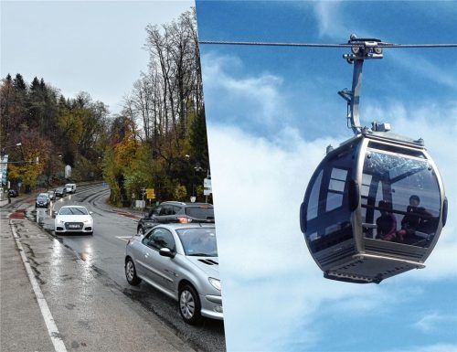 Mögliche Route für eine Seilbahn: den Schloßberg in Rosenheim hinauf und hinunter. Foto Schlecker/Grafik Klinger