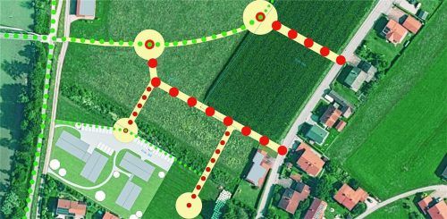 So sieht die Entwurfsplanung der MARO Genossenschaft für das gemeinschaftliche Wohnprojekt in Marquartstein aus. Die Straßenerschließung ist mit roten Punkten, die geplanten Fußwege mit grünen Punkten gekennzeichnet.Foto MARO