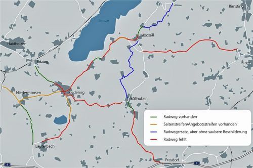 Viel zu tun gibt es in Sachen Radwegenetz im Gemeindebereich Riedering. Die Gemeinde will sich an der Machbarkeitsstudie der SUR-Gemeinden beteiligen. Hier ein grober Überblick über die vorhandenen, teilweise vorhandenen oder nicht ausgebauten Radwege.GRAfik Klinger