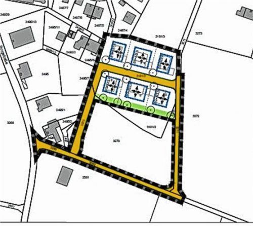 Biberg Süd: Der Bebauungsplan mit dem besagten Weg zum Ortszentrum (oben links). Foto  Stache