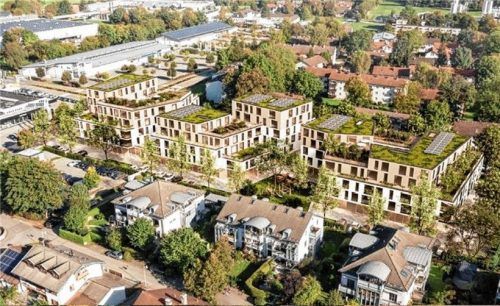 Blick von oben auf die Südseite: Die Flachdächer sollen begrünt und mit Fotovoltaik-Anlagen ausgestattet werden.