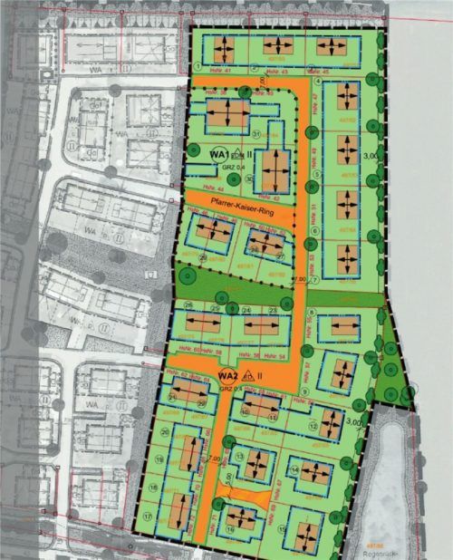 Der Bebauungsplanentwurf für das neue Wohngebiet Oberndorf Ost Teil B.  Büro Ar.LAND Landschaftsarchitekt, Stadtplaner Achim Ruhland, Eichendorf.