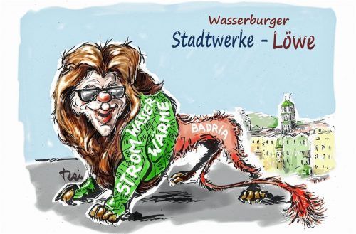 Der Wasserburger Löwe dient auf dieser Karikatur unseres Karikaturisten Reinhard Reindl auch als Symbolfigur für die Wasserburger Wasserwerke. Während die Geschäftsfelder Wärme, Wasser und Strom einen starken gewinnträchtigen Vorbau für den Löwen darstellen, ist mit den notorischen Badria-Verlusten das Hinterteil räudig und schwach – auch zum Bedauern von Stadtwerkechef Marius Regler. Reinhard Reindl