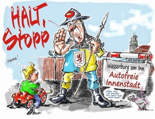 Die autofreie Innenstadt war das Thema im Sommer: Ob es so mal kommen mag, steht ja in den Sternen. Und ob der Wächter dieser möglichen Festlegung auch die Einfahrt von ‚Bobby-Cars‘ verweigern wird, schon zweimal. Aber, ausschließen möchte ich das dann nicht, sagt unser Karikaturist Reinhard Reindl. Reindl