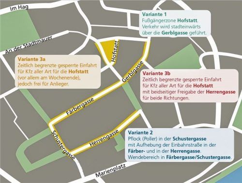Die Grafik zeigt die 3,5 Varianten, die jetzt beleuchtet werden. Lösung 3a und 3b ermöglichen jeweils Anliegern die Einfahrt in die Hofstatt. OVB/Klinger