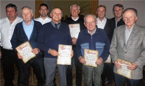 Ehrung langjähriger Mitglieder: Vorsitzender Erich Binsteiner (von links), Engelbert Nemmer, Markus Huber, Josef Fürstenberger, Josef Huber, Alois Radlbrunner, Josef Köppl, Bürgermeister Dr. Herbert Heiml und Johann Bratzdrum (von links). Foto Fill
