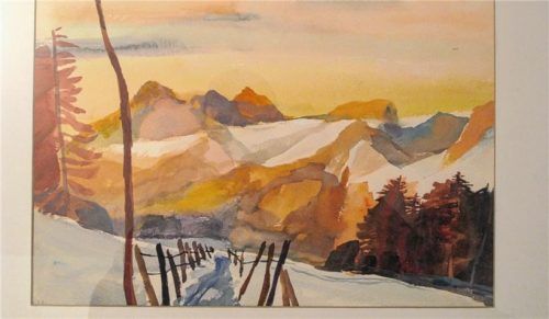 Ein winterliches Aquarell, 35 mal 50 Zentimeter, von Professor Ernst Haas (1921 bis 2010) aus Marquartstein zeigt die„Kleine Werkraumgalerie“.  Heuser