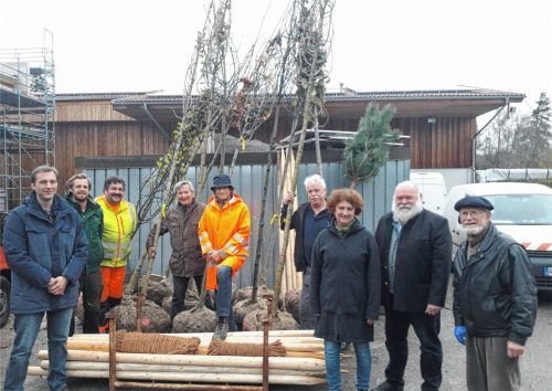 Trafen sich am Bauhof (von links): Oscar Knapp (Ortstrat Feldolling), Stefan Berthold und Georg Müller (Angestellte der Gemeinde), Walter Engl (Ortsrat Feldkirchen), Karol Wozak (Angestellter der Gemeinde), Hubert Steffl (Ortsrat Vagen), Uta Raß (Ortsrat Höhenrain), Bürgermeister Hans Schaberl und Adi Tutsch (Ortsrat Westerham). Foto tutsch