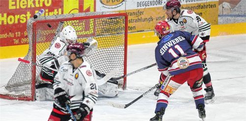 Chancenlos war Rosenheims neuer Torhüter Andreas Mechel beim 1:1-Ausgleich durch Curtis Leinweber, der aus kurzer Distanz traf. Fotos  Rappel