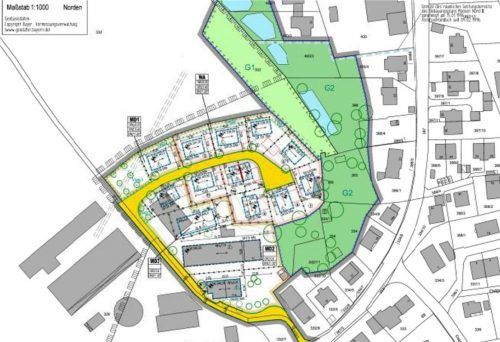 Der Bebauungsplan für Moosen Nord. Deutlich kann man im Norden die Regenwasserrückhalteanlage erkennen, bestehend aus drei Becken im Dauerstau zur Einleitung von Niederschlagswasser.  Feirer-Kornprobst