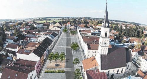 Der Stadtplatz in einer Simulation. So könnte er aussehen, wenn die große Sanierungsmaßnahme erfolgt sein wird – abgesehen von der Anzahl der Bäume an den Ruheoasen im unteren Bildausschnitt vor der Apotheke von Ulrich Geltinger und oben vor dem ehemaligen Gasthaus Trager. Diese haben sich reduziert. Dafür kämen in der Stadtplatzmitte weitere Bäume hinzu.