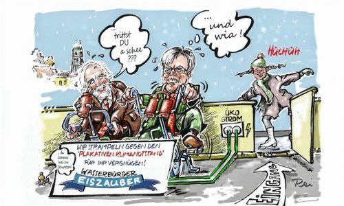 Strampeln für den Klimaschutz müssen nach Auffassung unseres Karikaturisten Reinhard Reindl Bürgermeister Michael Kölbl und sein Stellvertreter Werner Gartner auf der Eisbahn. Reindl