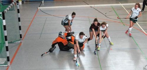 Brenzlige Szene: Am Ball Lisa Wachenfeld mit Torhüterin Sandra Coutandin, Sarah Göpfert, Mareike Menschick und Carolin Klingenstein.Foto Mosandl