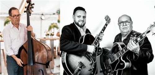 Das Trio „Gipsy Guitars“ mit Joe Bawelino (rechts, SoloGitarre), David Schwenold (Mitte, Rhythmus-Gitarre) und Manolo Diaz (Kontrabass). Foto re