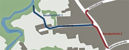 Die Skizze zeigt das Vorhaben im Waldweg in Niedermoosen: Der erste Bauabschnitt betrifft die blau gekennzeichnete Kanalführung. Die Baumaßnahmen sollen so schnell wie möglich beginnen, der zweite Bauabschnitt (rot) wird später angegangen.Klinger