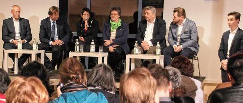 Diese Kandidaten stellen sich der Wahl zum neuen Landrat für den Landkreis Mühldorf (von links): Ulli Maier (UWG), Martin Wieser (AfD), Angelika Kölbl (SPD), Cathrin Henke (Bündnis 90/Die Grünen), Peter Corticelli (FDP) und der JU-Kreisvorsitzende Thomas Perzl, der als Vertretung für Kandidat Max Heimerl (CSU) an der Diskussion teilnahm, die Samuel Pinkofsky leitete.Foto  Hoffmann