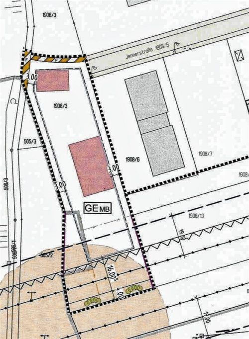 Ein Planausschnitt zeigt den Bereich der dritten und der siebten Änderung des Bebauungsplanes „Gewerbegebiet Kraiburg“, die der Gemeinderat schon vor einem Jahr einstimmig als Satzung beschlossen hat. Strittig ist die südliche Erweiterung dieser Fläche in Richtung Wohngebiet. Gemeinde Kraiburg