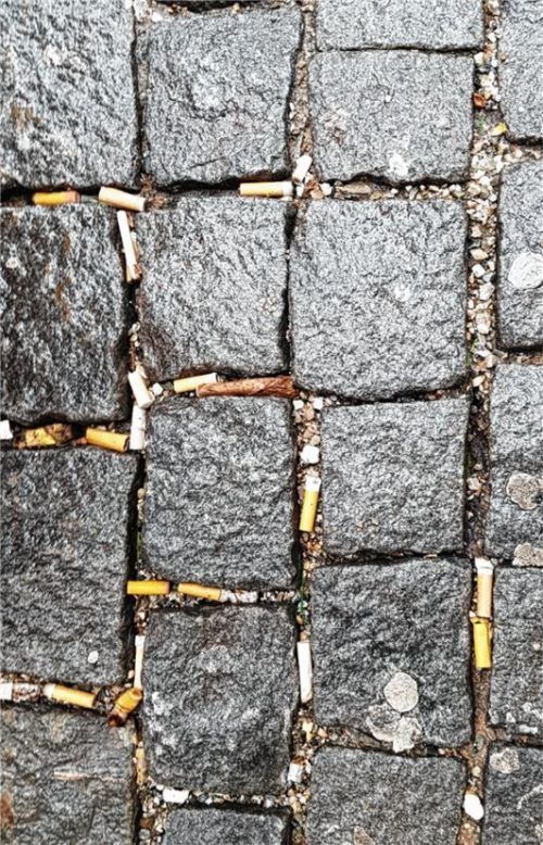 Festgetreten in den Fugen des Kopfsteinpflasters: Sind die Zigarettenkippen erst einmal hier gelandet, macht es viel Mühe, sie wieder zu entfernen. Die Stadt nutzt dafür eine besondere Kehrmaschine.Fotos Weinfurtner