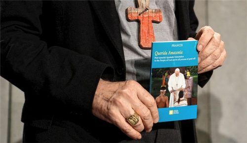 Kardinal Michael Czerny hält eine Kopie des Lehrschreibens „Querida Amazonia“ (Geliebtes Amazonien) zur Amazonas-Bischofssynode in den Händen. Papst Franziskus stellte keine Öffnung der katholischen Kirche gegenüber verheirateten Priestern in Aussicht. Foto dpa