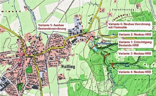 Sechs Varianten für einen besseren Hochwasserschutz wurden im Halfinger Gemeinderat präsentiert.Foto Aquasoli