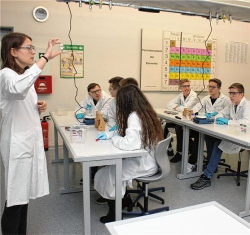 Wie bei den Profis: Kathrin Peter, Ausbilderin für Chemieberufe, zeigte den Schülern der 10. Klassen, wie sie den Inhalt von Reagenzgläsern bestimmen können. Fotos re