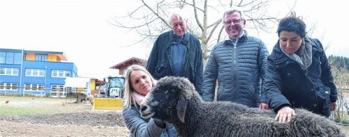 Heilsame Wirkung durch Streicheln: Das Team der Pflegeeinrichtung setzt auf tiergestützte Therapie. Pflegedienstleiterin Sandra Glatzl (links) freut sich besonders über die Bergschafe von Hauseigentümer Klaus Oberfeld. Heilerziehungspfleger Andreas Riehs und Arzu Demirbilek vom Verein Intensiv Menschlich sind ebenfalls von den geselligen Tieren begeistert. Foto Blum