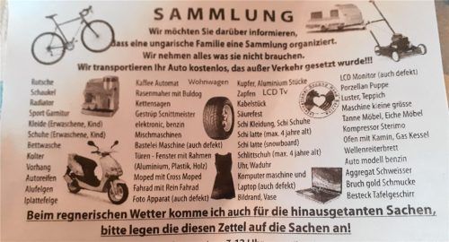 So sehen die Handzettel aus: Eine „ungarische Familie“ bittet in verständlichem, aber nicht immer korrektem Deutsch um Spenden. Foto re